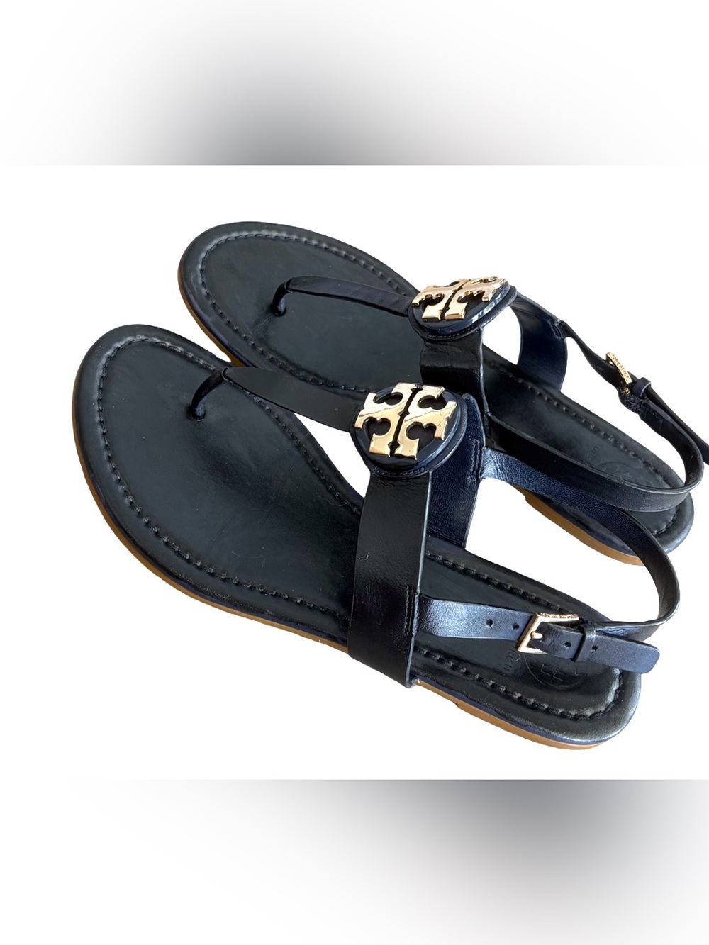 Tory Burch Black Leather Thong Sandals with Gold Logo Accent - Picture 6 of 14